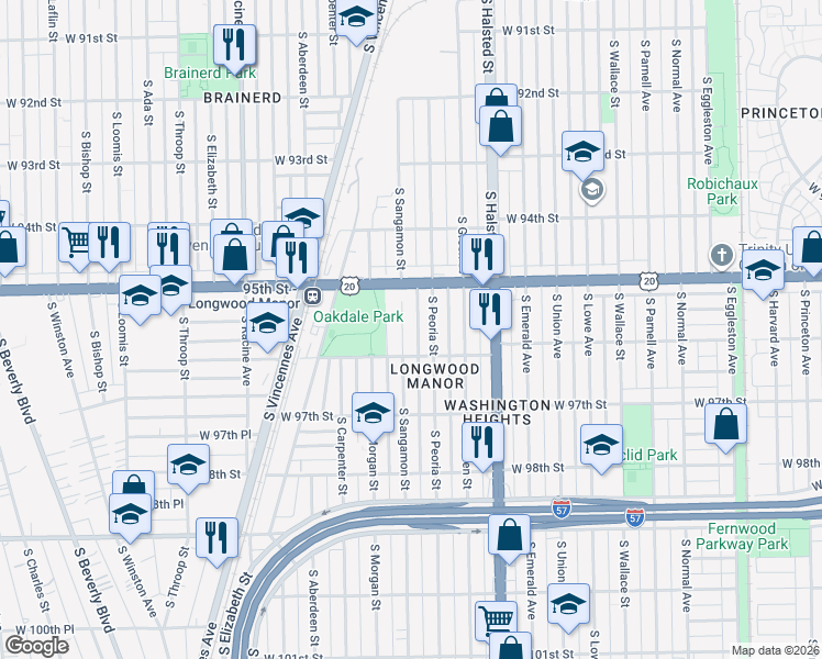 map of restaurants, bars, coffee shops, grocery stores, and more near 9565 South Sangamon Street in Chicago
