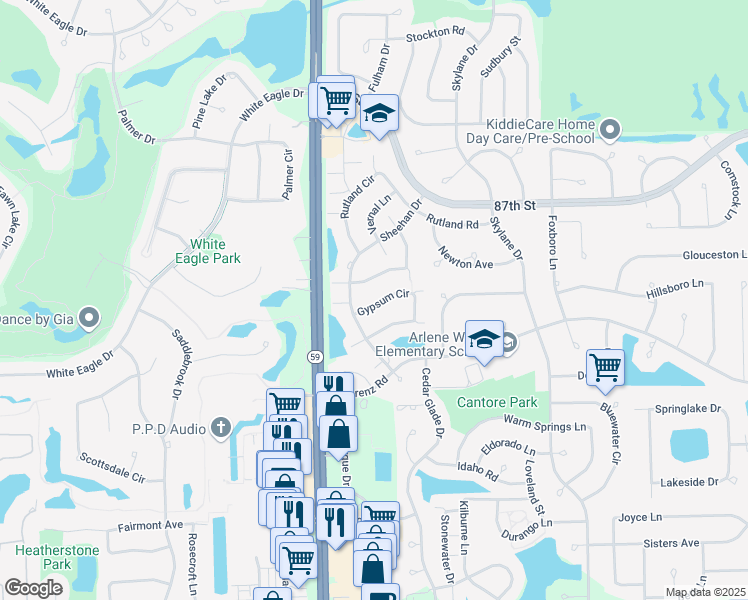 map of restaurants, bars, coffee shops, grocery stores, and more near 2819 Gypsum Circle in Naperville