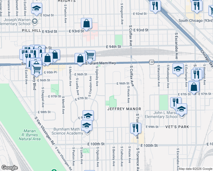 map of restaurants, bars, coffee shops, grocery stores, and more near 9621 South Yates Boulevard in Chicago