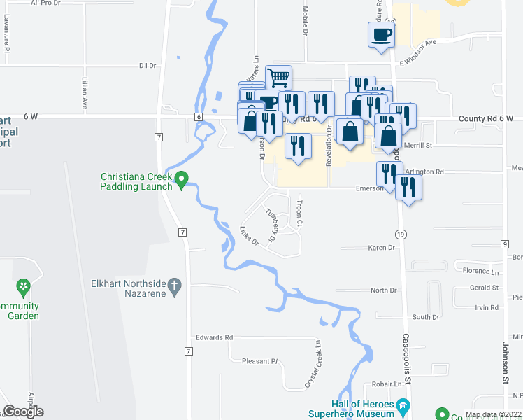map of restaurants, bars, coffee shops, grocery stores, and more near 2656 Links Drive in Elkhart