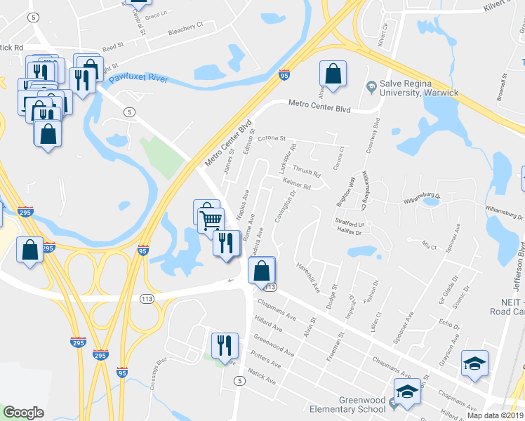 map of restaurants, bars, coffee shops, grocery stores, and more near 61 Cadora Avenue in Warwick