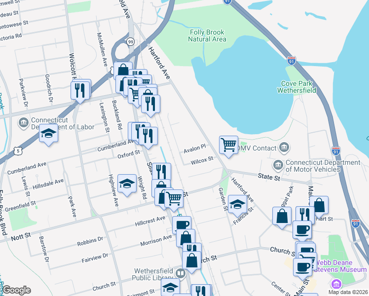 map of restaurants, bars, coffee shops, grocery stores, and more near 16 Wilcox Street in Wethersfield