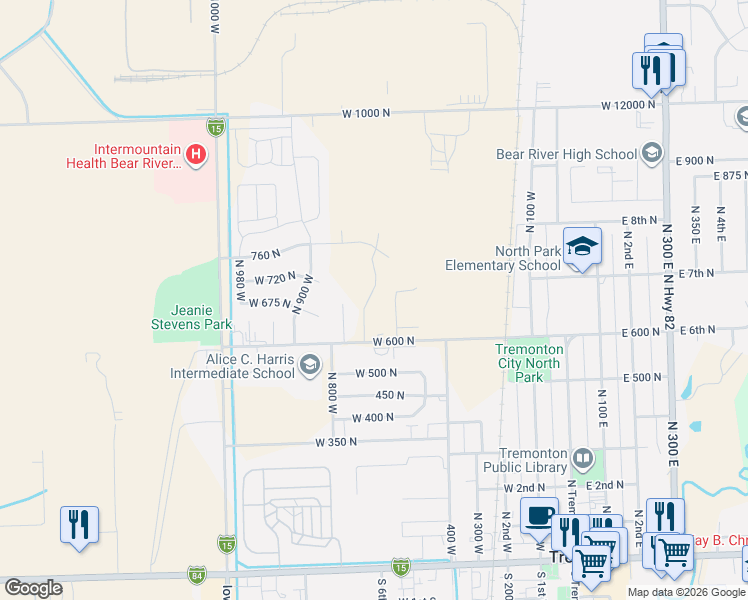 map of restaurants, bars, coffee shops, grocery stores, and more near 672 North 600 West in Tremonton