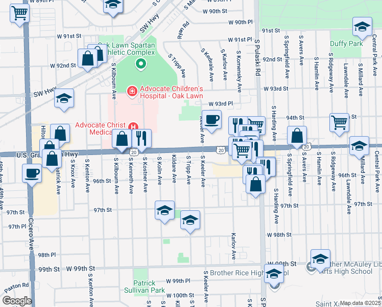 map of restaurants, bars, coffee shops, grocery stores, and more near 9516 South Tripp Avenue in Oak Lawn