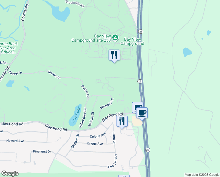 map of restaurants, bars, coffee shops, grocery stores, and more near 20 Westerly Drive in Bourne