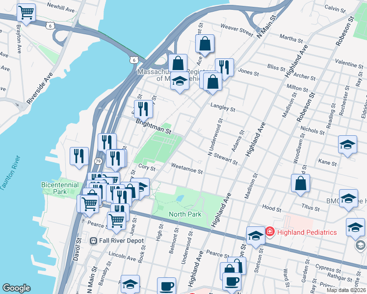 map of restaurants, bars, coffee shops, grocery stores, and more near 21 Vestal Street in Fall River