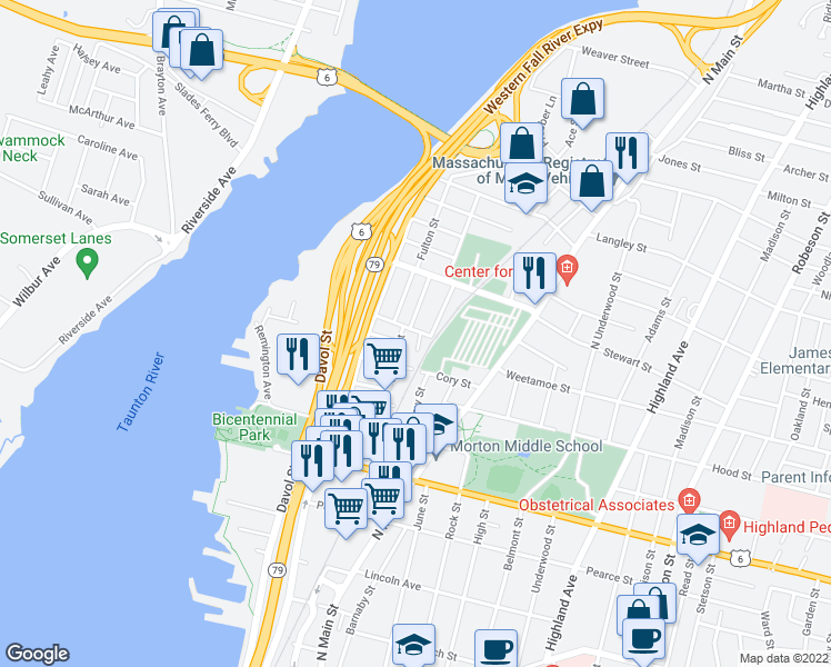 map of restaurants, bars, coffee shops, grocery stores, and more near 180 Cory Street in Fall River