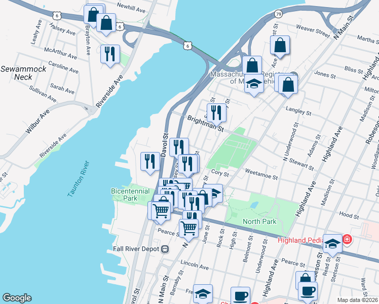 map of restaurants, bars, coffee shops, grocery stores, and more near 96 Cory Street in Fall River