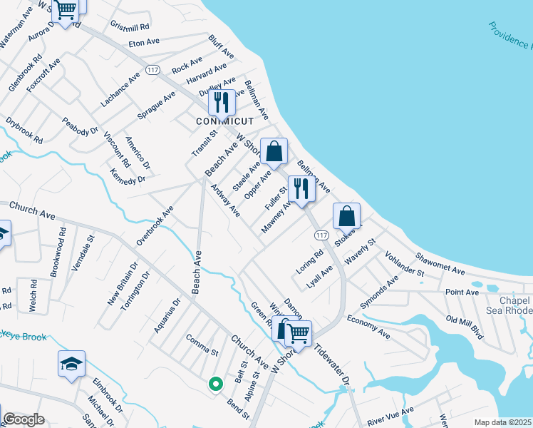 map of restaurants, bars, coffee shops, grocery stores, and more near 81 Mawney Avenue in Warwick