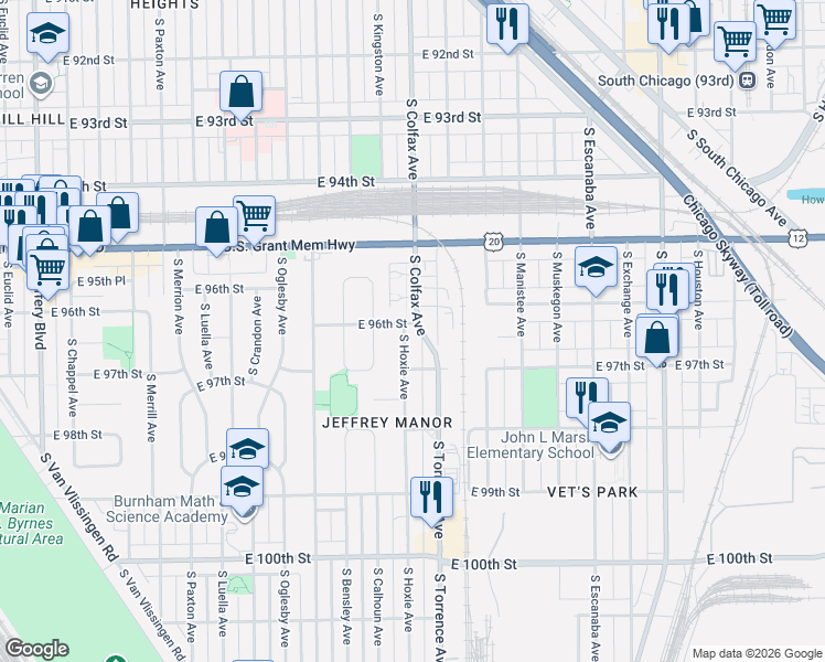 map of restaurants, bars, coffee shops, grocery stores, and more near 9623 South Hoxie Avenue in Chicago