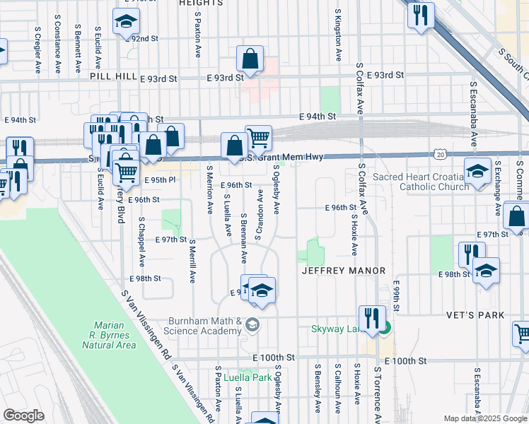 map of restaurants, bars, coffee shops, grocery stores, and more near 9660 South Crandon Avenue in Chicago