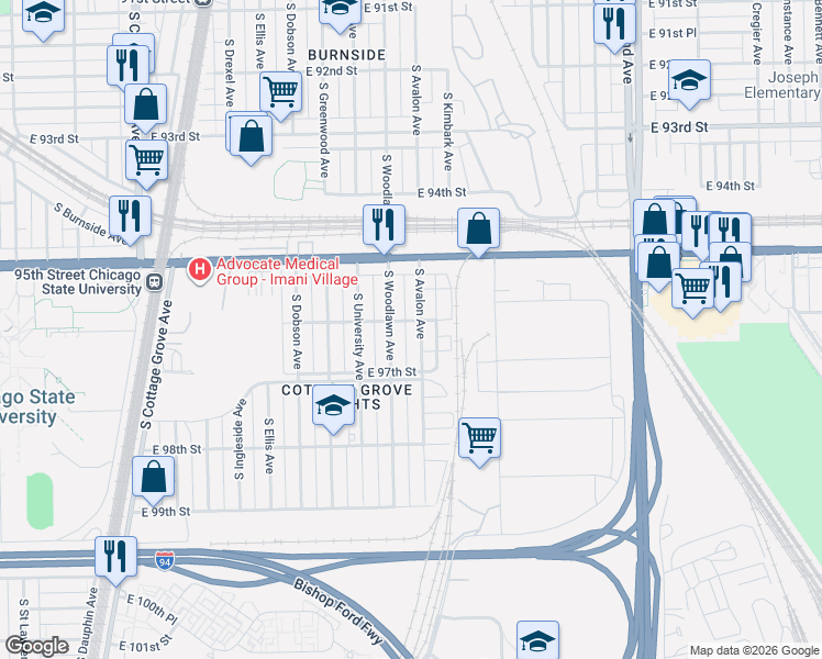 map of restaurants, bars, coffee shops, grocery stores, and more near 9626 South Avalon Avenue in Chicago
