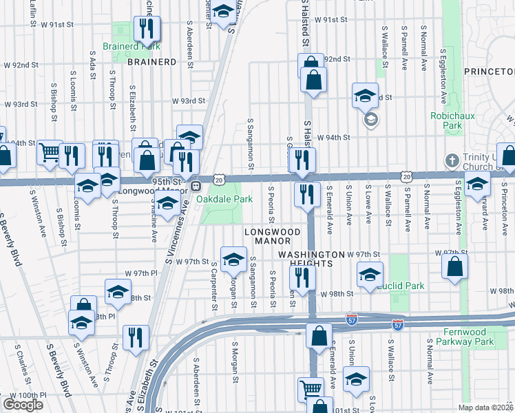 map of restaurants, bars, coffee shops, grocery stores, and more near 9565 South Sangamon Street in Chicago