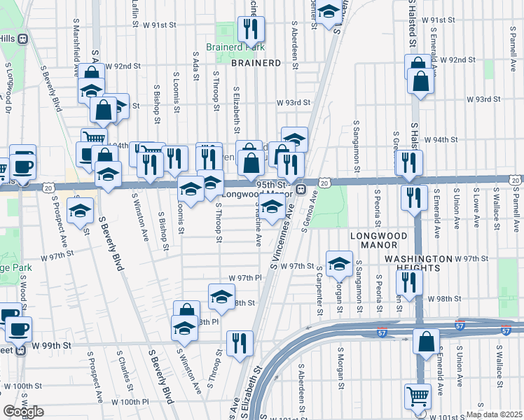 map of restaurants, bars, coffee shops, grocery stores, and more near 1150 West 96th Street in Chicago