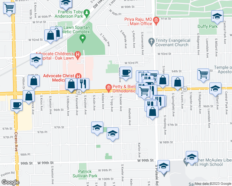 map of restaurants, bars, coffee shops, grocery stores, and more near 9516 South Tripp Avenue in Oak Lawn