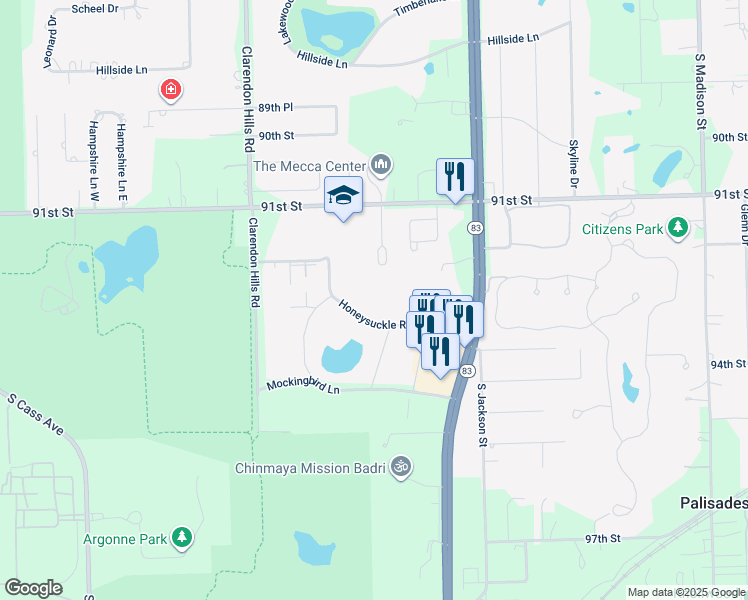 map of restaurants, bars, coffee shops, grocery stores, and more near 16W571 Honeysuckle Rose Lane in Willowbrook