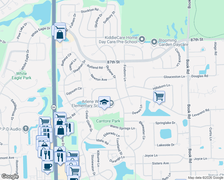 map of restaurants, bars, coffee shops, grocery stores, and more near 2407 Old Bridge Court in Naperville