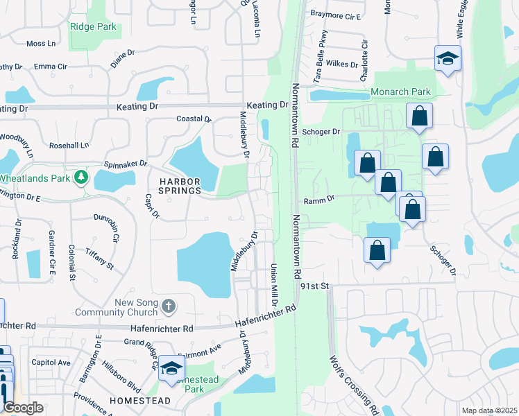 map of restaurants, bars, coffee shops, grocery stores, and more near 1950 Middlebury Drive in Aurora