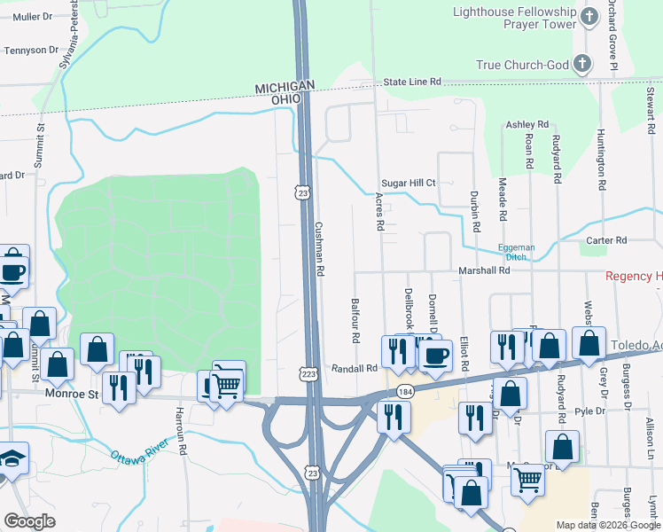 map of restaurants, bars, coffee shops, grocery stores, and more near 5758 Cushman Road in Sylvania