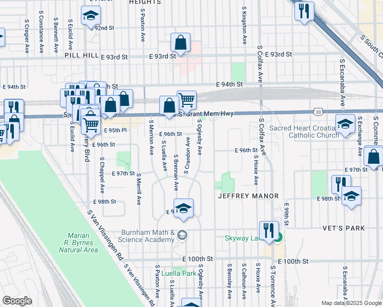 map of restaurants, bars, coffee shops, grocery stores, and more near 9660 South Crandon Avenue in Chicago