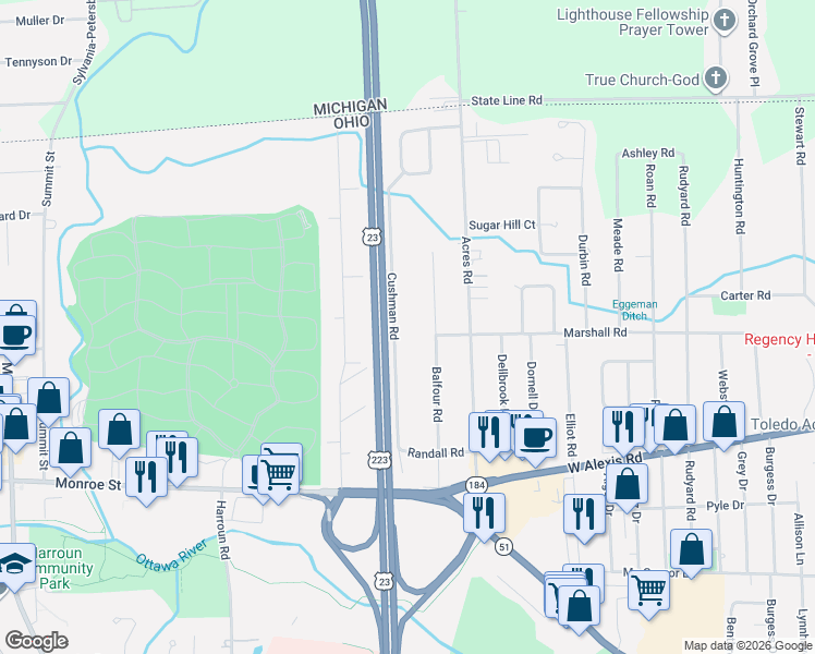 map of restaurants, bars, coffee shops, grocery stores, and more near 5758 Cushman Road in Sylvania