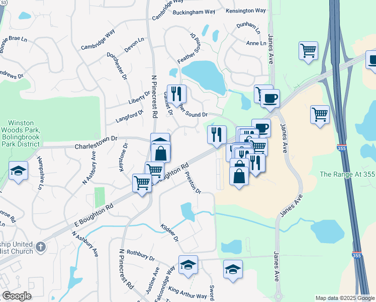 map of restaurants, bars, coffee shops, grocery stores, and more near in Bolingbrook