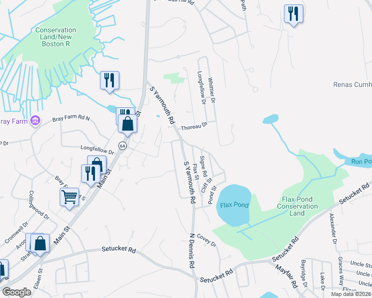 map of restaurants, bars, coffee shops, grocery stores, and more near 40 Flax Street in Dennis