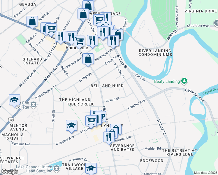 map of restaurants, bars, coffee shops, grocery stores, and more near 50 Pearl Street in Painesville