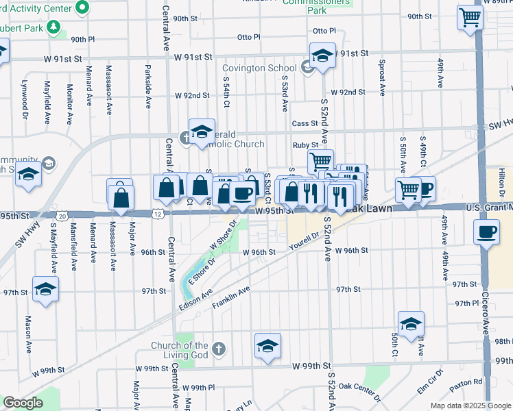 map of restaurants, bars, coffee shops, grocery stores, and more near 5351 95th Street in Oak Lawn
