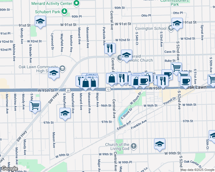 map of restaurants, bars, coffee shops, grocery stores, and more near 5620 95th Street in Oak Lawn