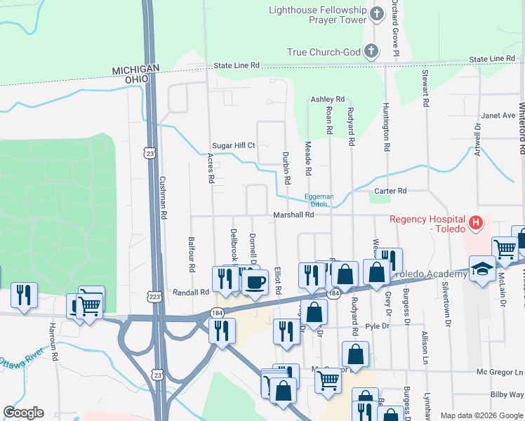 map of restaurants, bars, coffee shops, grocery stores, and more near 5755 Elliott Drive in Sylvania