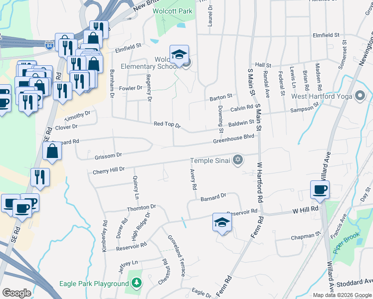 map of restaurants, bars, coffee shops, grocery stores, and more near 123 Cherry Hill Drive in Newington