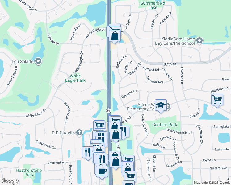 map of restaurants, bars, coffee shops, grocery stores, and more near 2435 Sheehan Drive in Naperville