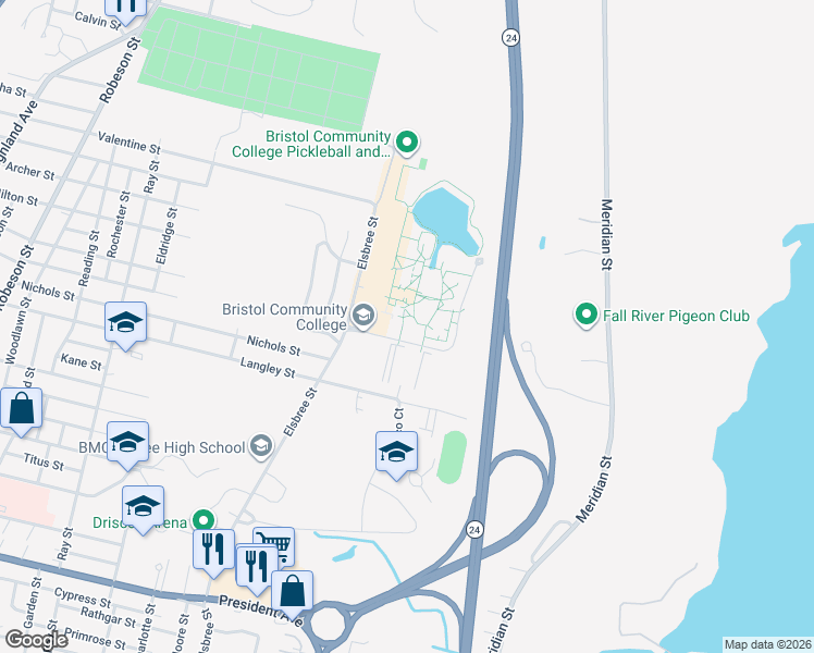 map of restaurants, bars, coffee shops, grocery stores, and more near 777 Elsbree Street in Fall River