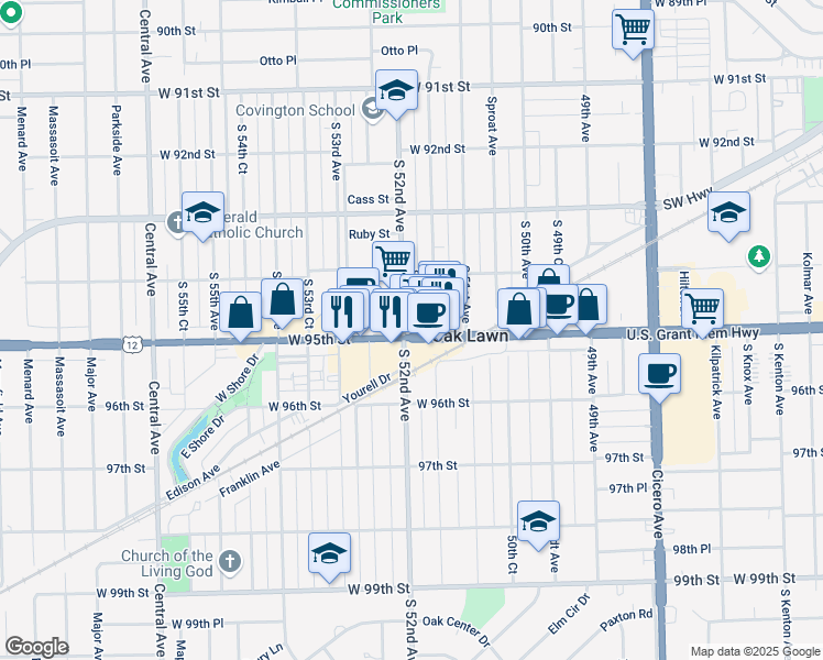 map of restaurants, bars, coffee shops, grocery stores, and more near 5149 95th Street in Oak Lawn