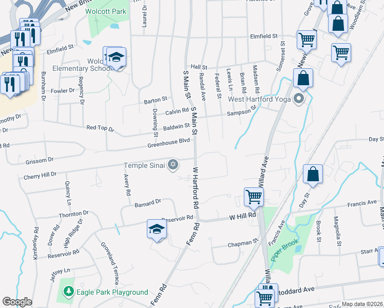 map of restaurants, bars, coffee shops, grocery stores, and more near 42 West Hartford Road in Newington