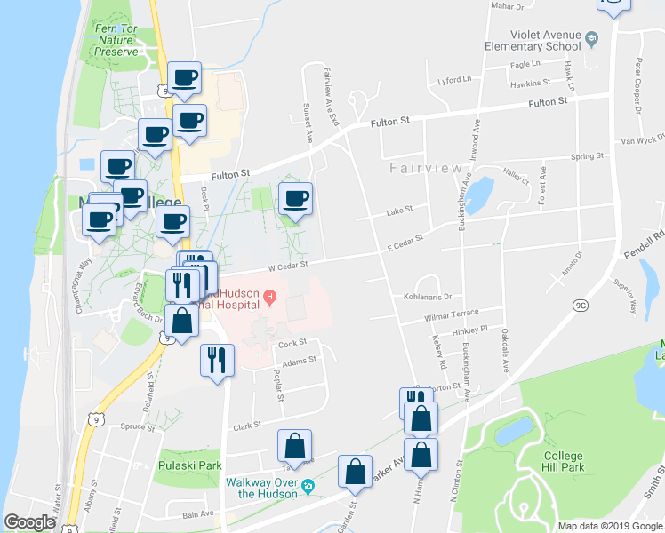 map of restaurants, bars, coffee shops, grocery stores, and more near 26 West Cedar Street in Poughkeepsie