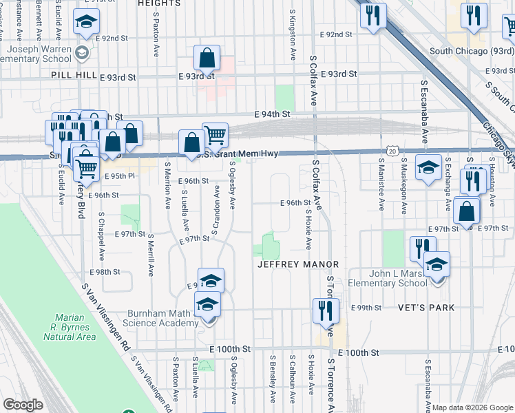 map of restaurants, bars, coffee shops, grocery stores, and more near 9624 South Bensley Avenue in Chicago