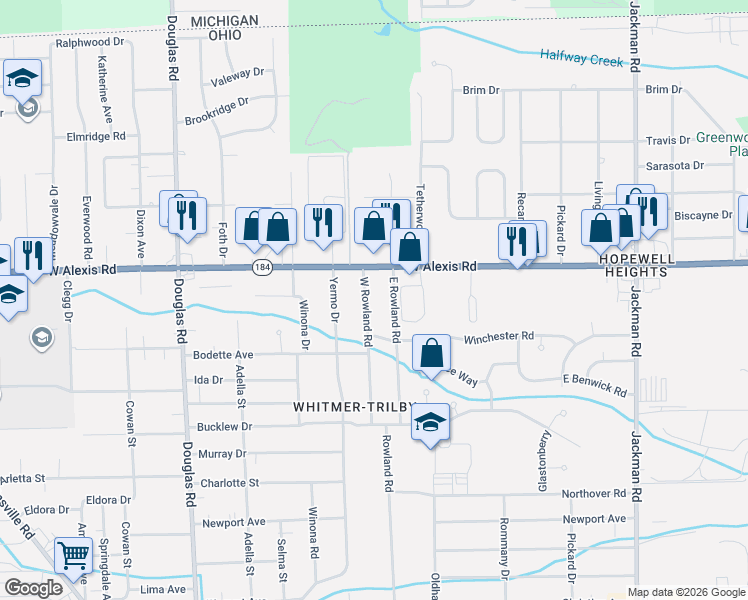 map of restaurants, bars, coffee shops, grocery stores, and more near 5702 West Rowland Road in Toledo