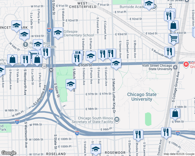 map of restaurants, bars, coffee shops, grocery stores, and more near 9615 South Forest Avenue in Chicago