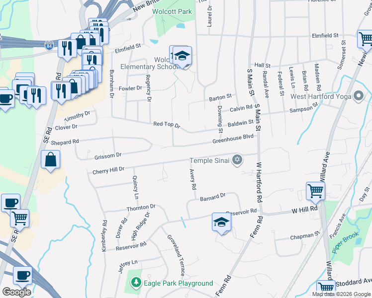 map of restaurants, bars, coffee shops, grocery stores, and more near 71 Greenhouse Boulevard in West Hartford