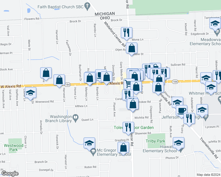 map of restaurants, bars, coffee shops, grocery stores, and more near 3411 West Alexis Road in Toledo