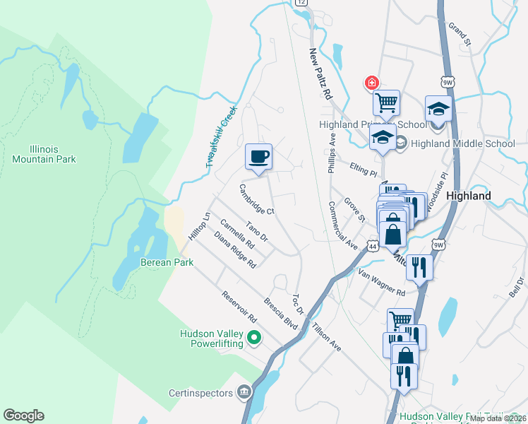 map of restaurants, bars, coffee shops, grocery stores, and more near 52 Cambridge Court in Highland