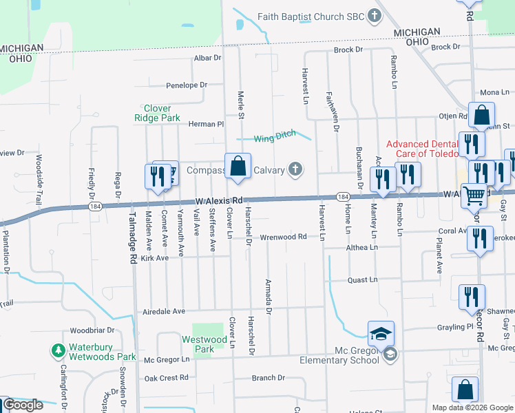 map of restaurants, bars, coffee shops, grocery stores, and more near 5743 Harschel Drive in Toledo