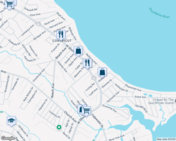 map of restaurants, bars, coffee shops, grocery stores, and more near 971 West Shore Road in Warwick