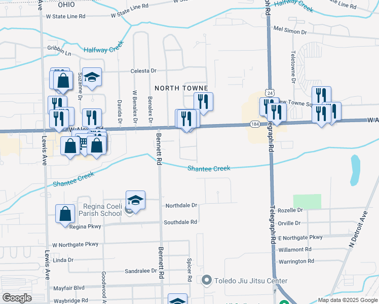 map of restaurants, bars, coffee shops, grocery stores, and more near 5725 Silverside Drive in Toledo