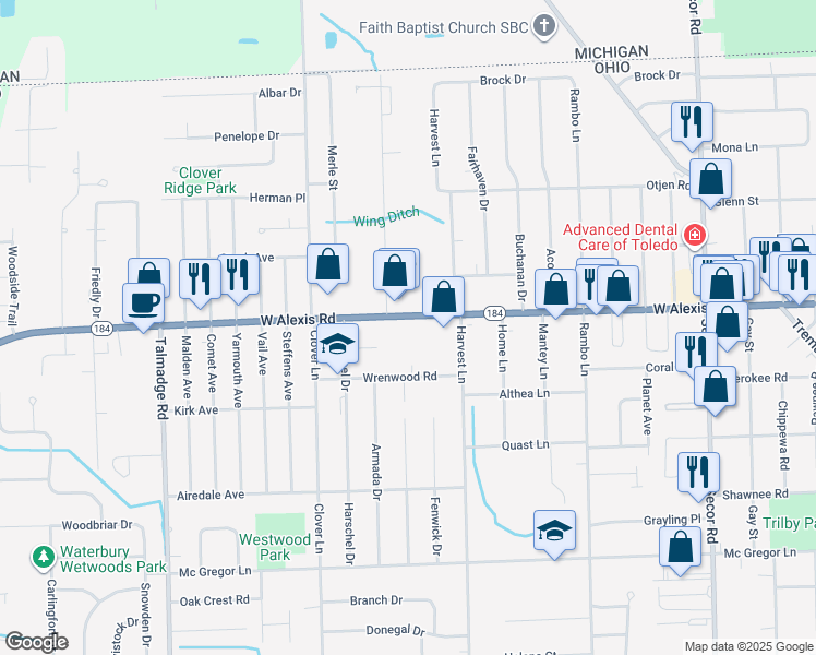 map of restaurants, bars, coffee shops, grocery stores, and more near 3725 West Alexis Road in Toledo