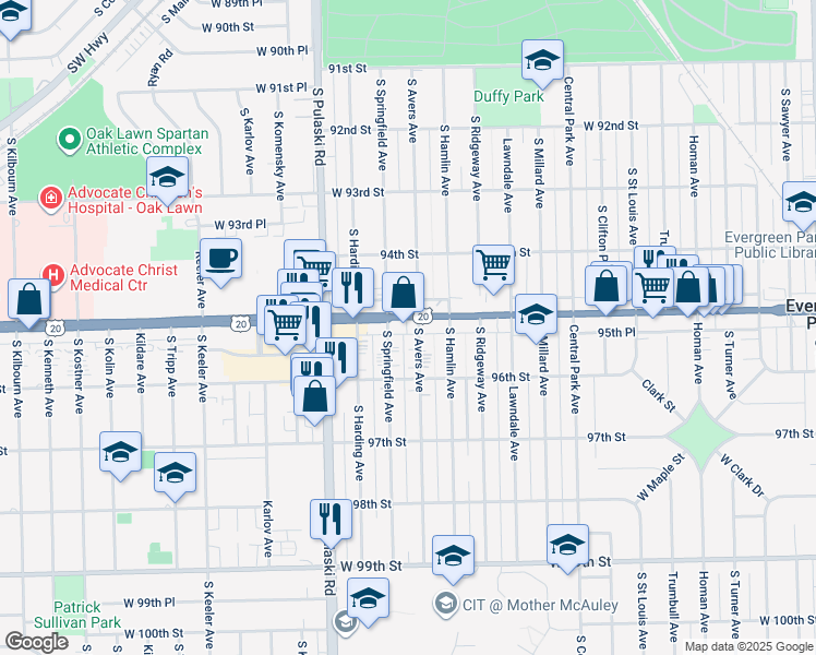 map of restaurants, bars, coffee shops, grocery stores, and more near 9531 South Springfield Avenue in Evergreen Park
