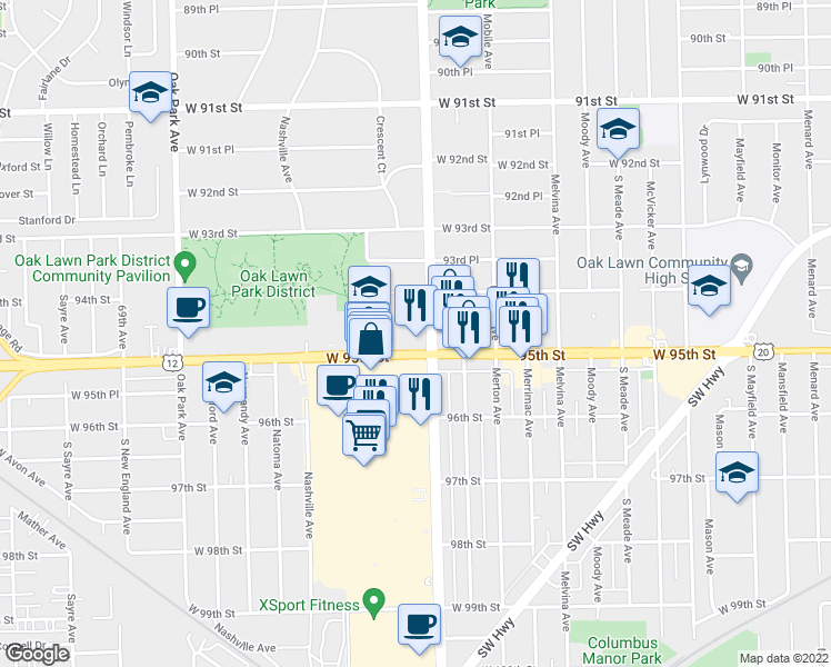 map of restaurants, bars, coffee shops, grocery stores, and more near 6356 West 95th Street in Oak Lawn