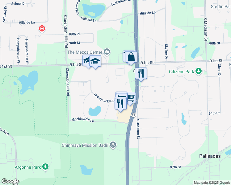 map of restaurants, bars, coffee shops, grocery stores, and more near 16W536 Honeysuckle Rose Lane in Willowbrook